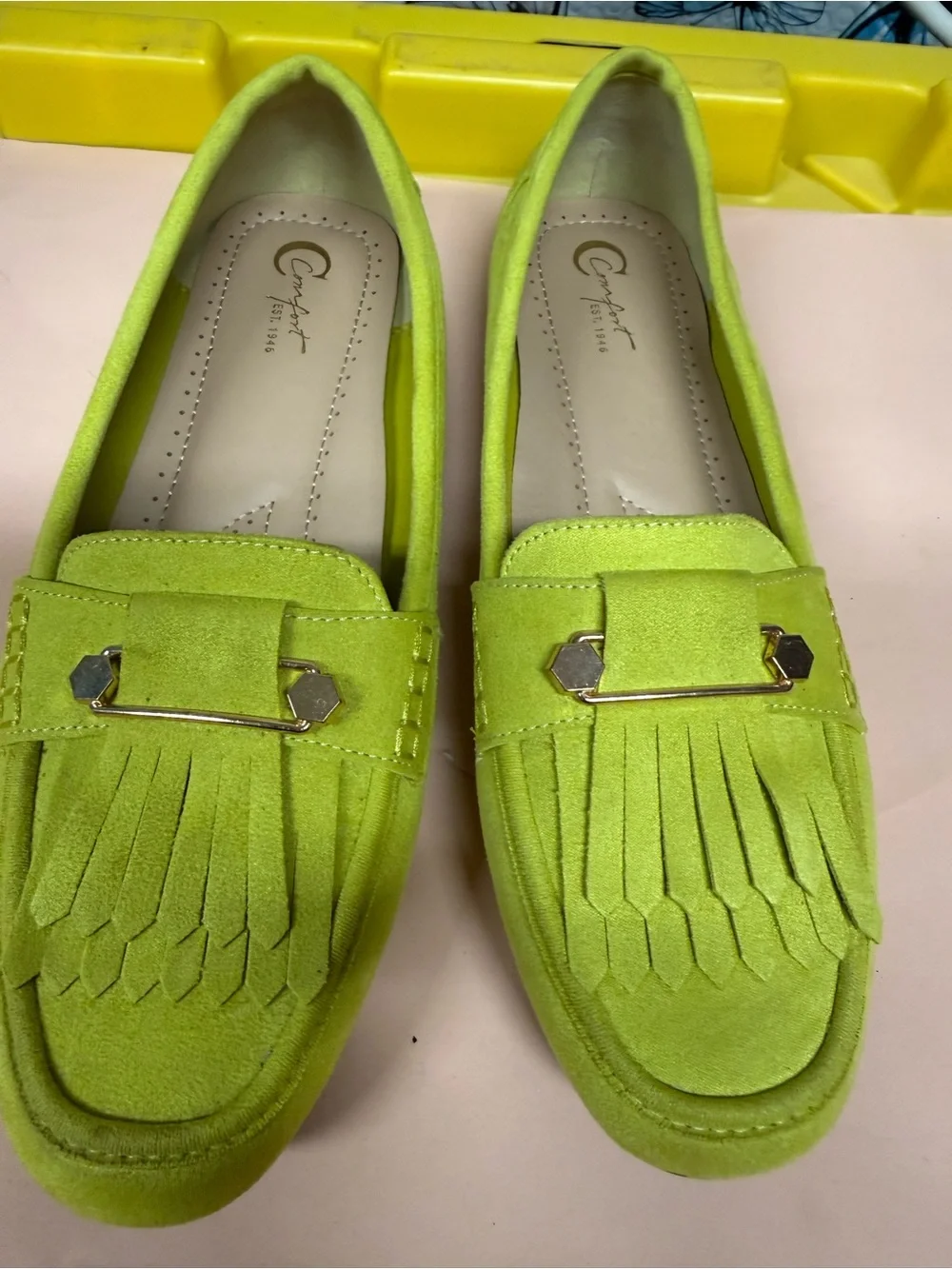 Women's Lime Green Fringe Loafers with Gold Accent - Picture 6 of 6